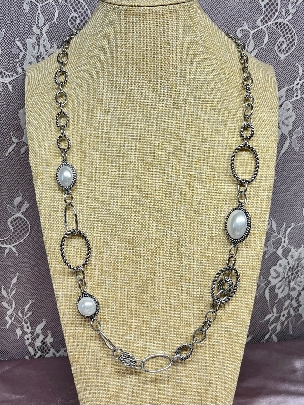 Premier Designs Faux Pearl Statement Necklace Silver Tone Link Vintage Signed